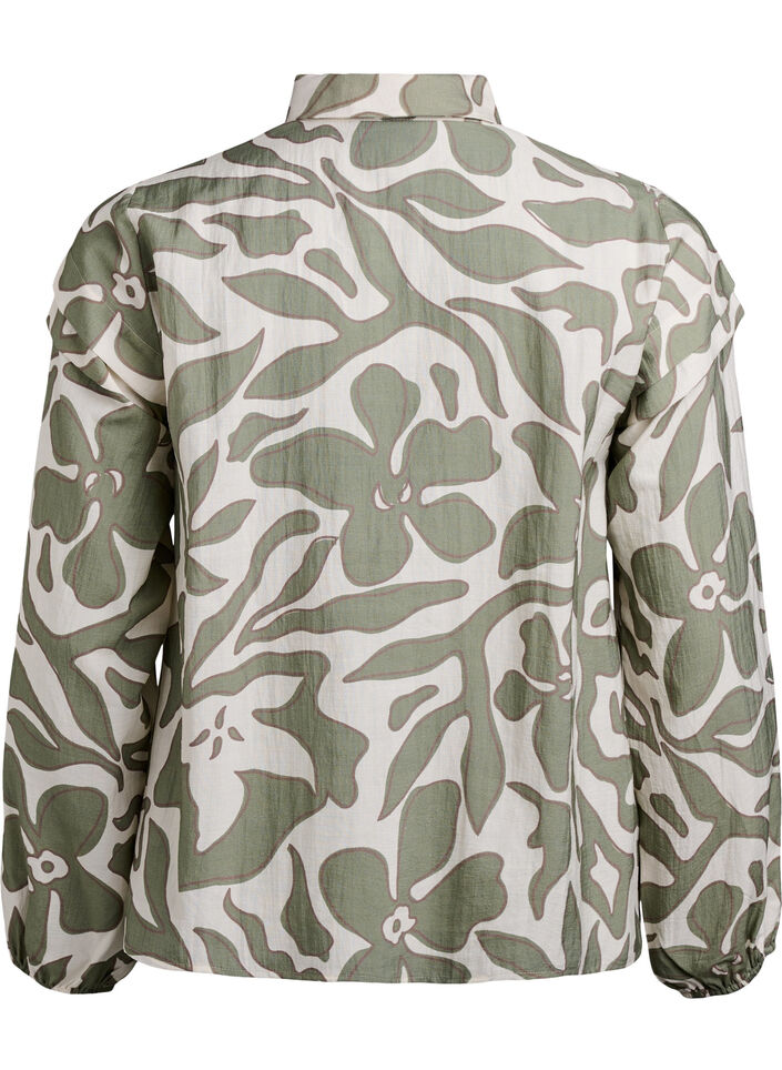 Bedrukte shirt blouse met ruchesdetails, Groen, Packshot image number 1