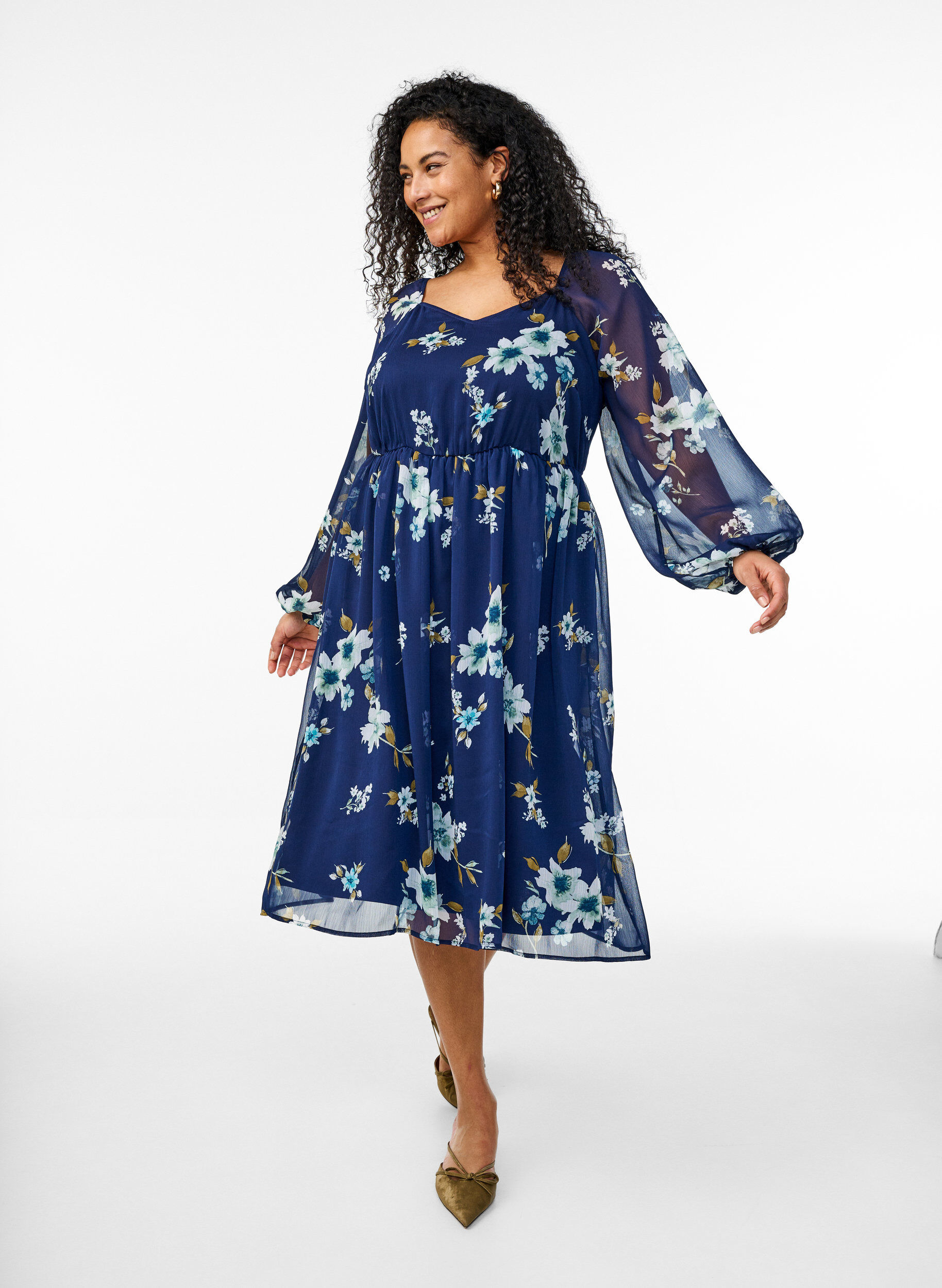 Chiffon feestjurk met lange mouwen, Blauw, Model