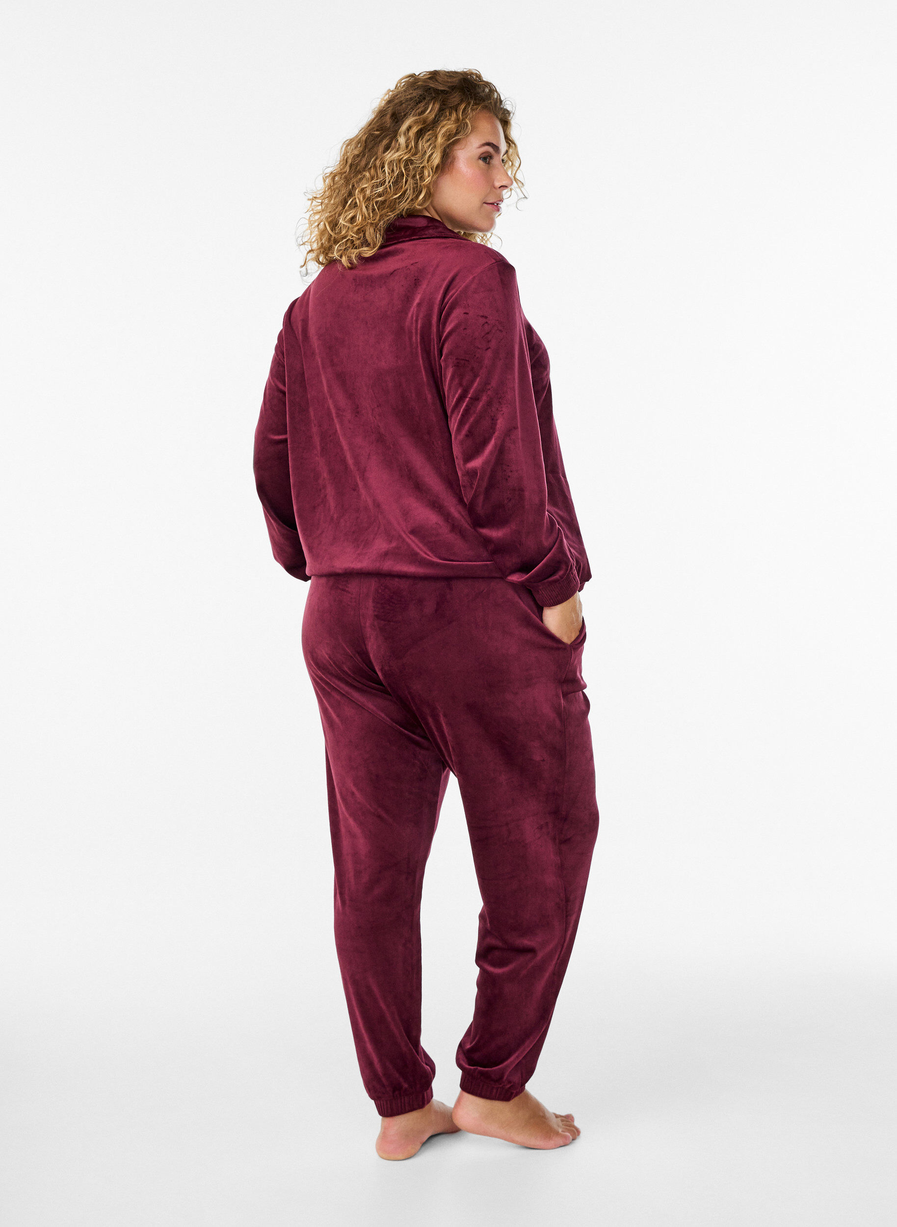 ZizziLosvallende fluwelen broek, Donker Bordeaux, Model image number 1