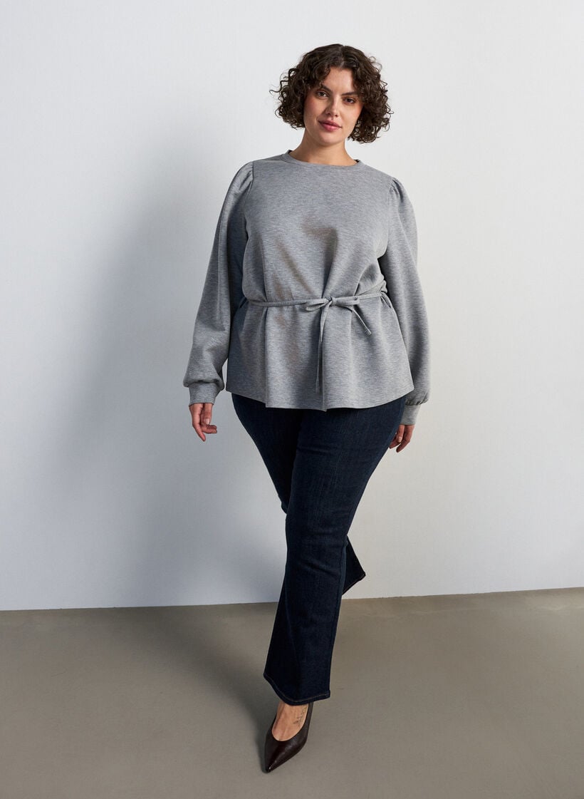 Blouse met strik en pofmouwen, Grijs, Model image number 1