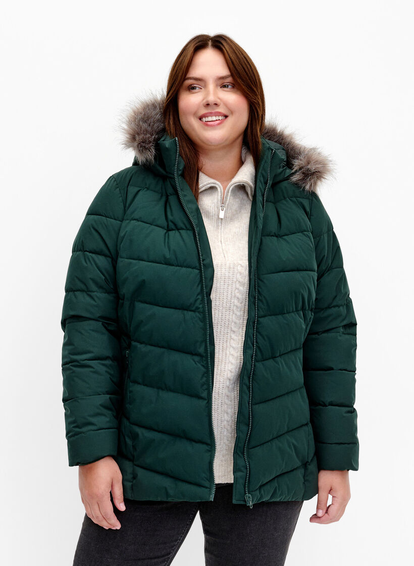 Kort pufferjack met capuchon, Groen, Model image number 0