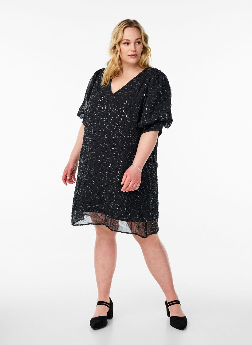 Korte feestjurk met pailletten, Zwart, Model image number 1