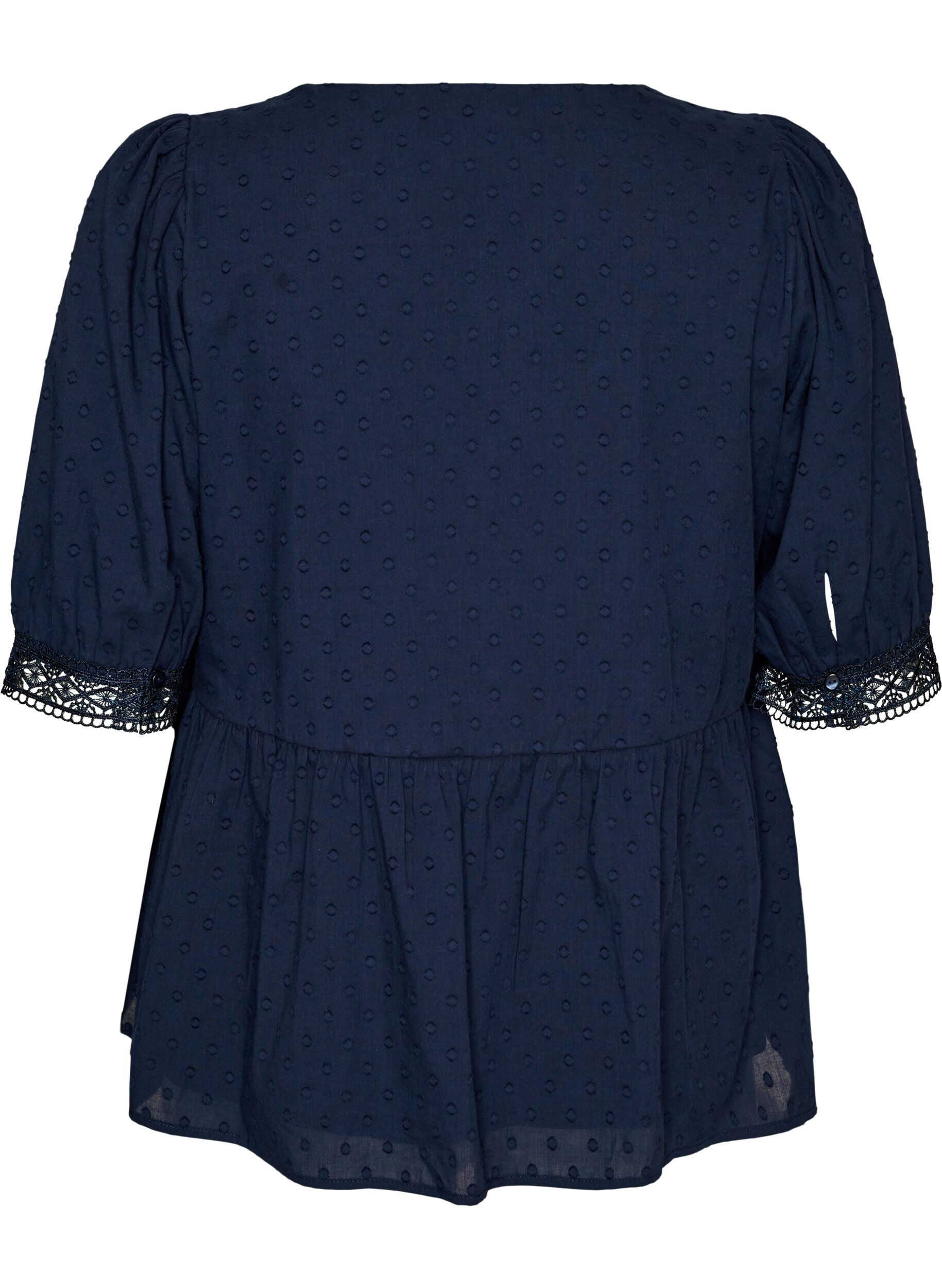 Zizzi Blouse en coton textur&eacute; avec d&eacute;tails en crochet, Bleu, Packshot image number 1