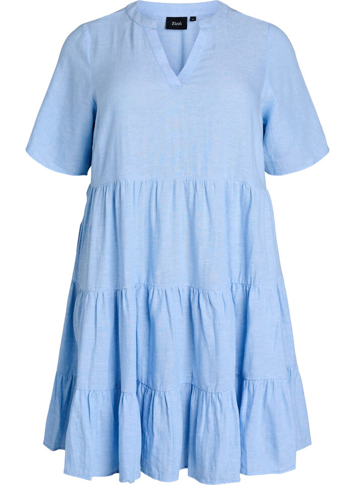 Robe A-line longueur genou en lin et viscose, Bleu Clair, Packshot image number 0