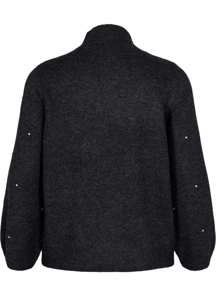 Gebreide blouse met bergkristallen en een hoge halslijn, Dark Grey Melange, Packshot