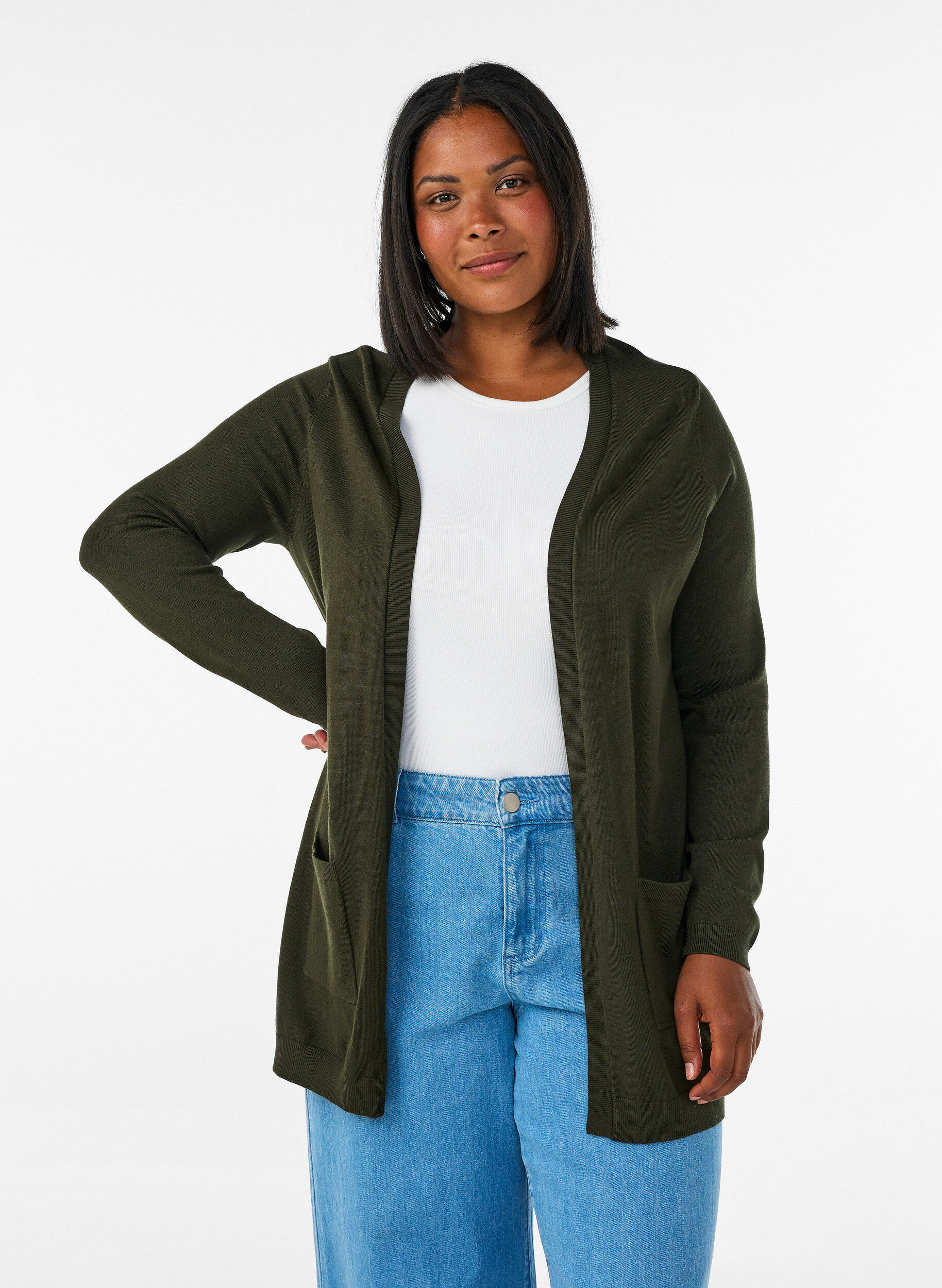 Lang gebreid vest in viscosemix, Groen, Model