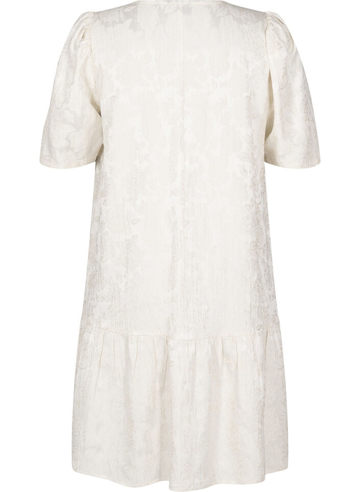 Jacquard jurk tot op de knie met korte mouwen, Whisper White, Packshot