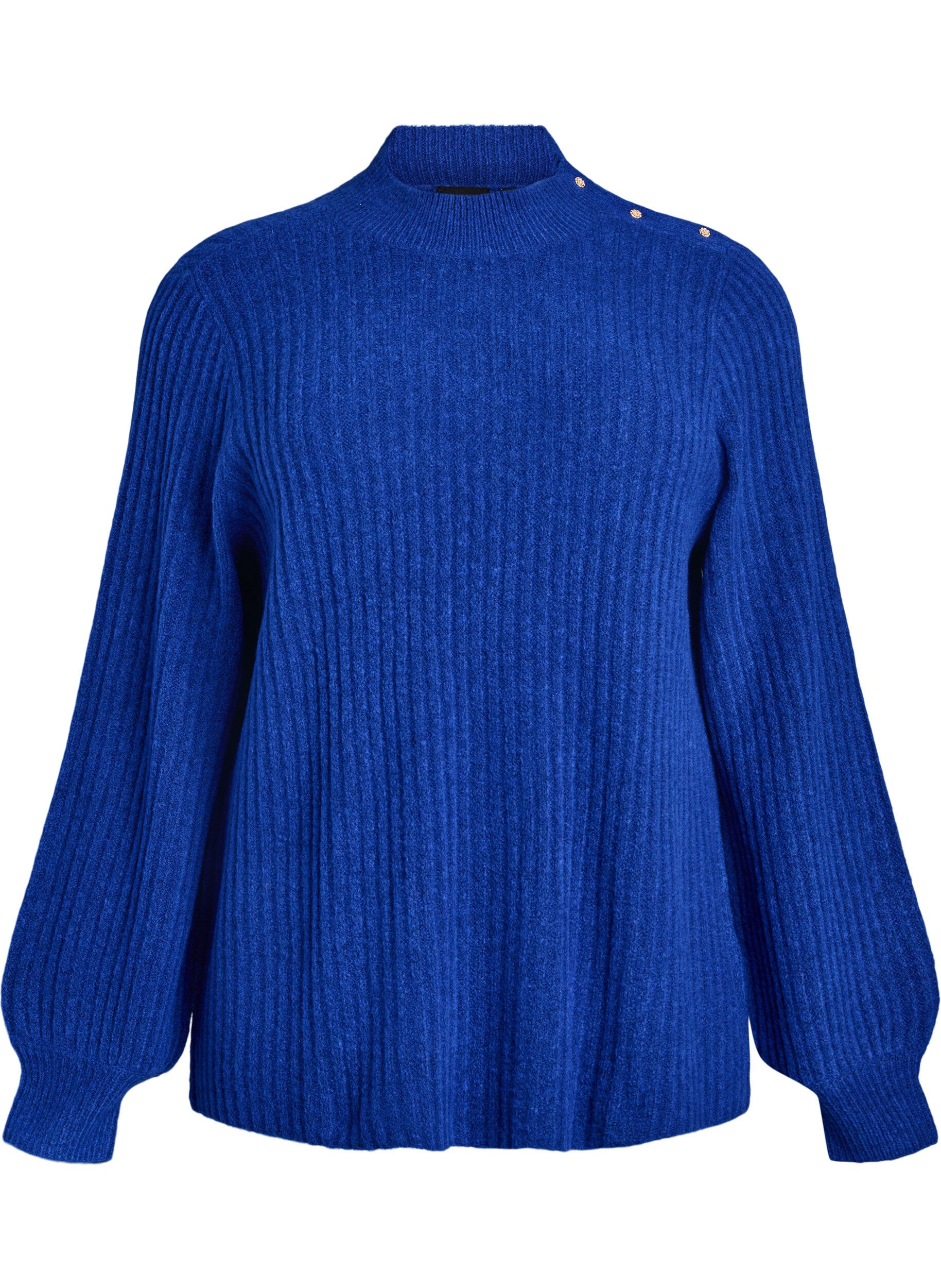 ZizziGeribde trui met pofmouwen en knopen, Blauw, Packshot image number 0
