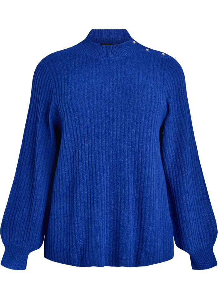 Geribde trui met pofmouwen en knopen, Blauw, Packshot image number 0