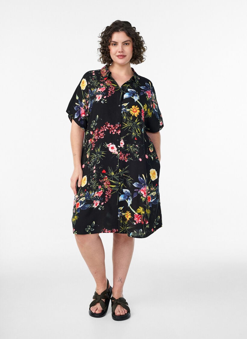 Losvallend lang shirt van viscose, Zwart, Model image number 0