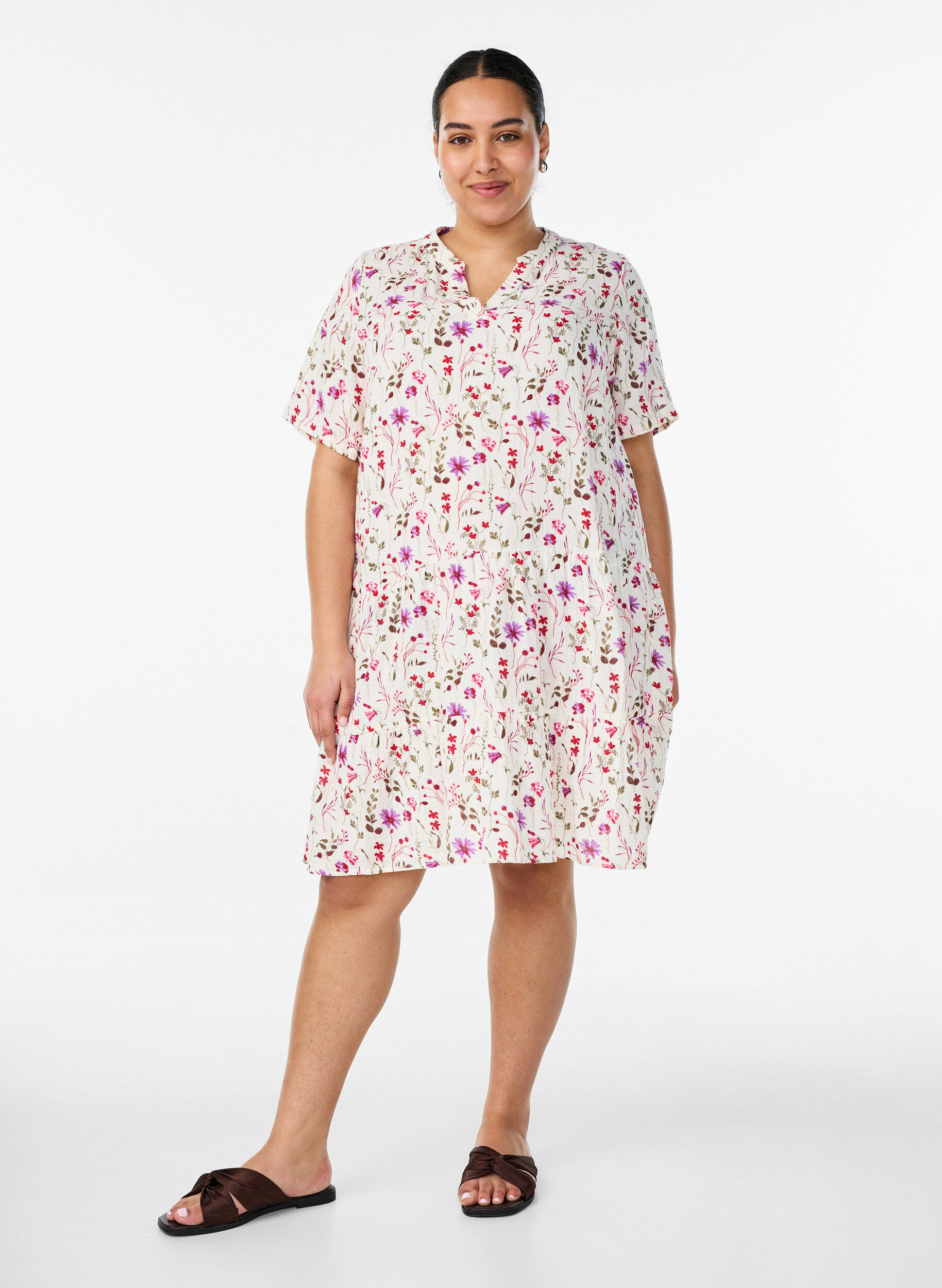 ZizziKorte A-lijn jurk in katoenen mousseline, Beige, Model image number 1