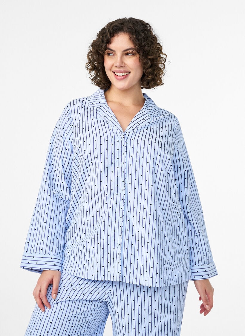 Seersucker-pyjamahemd met lange mouwen, Blauw, Model image number 0
