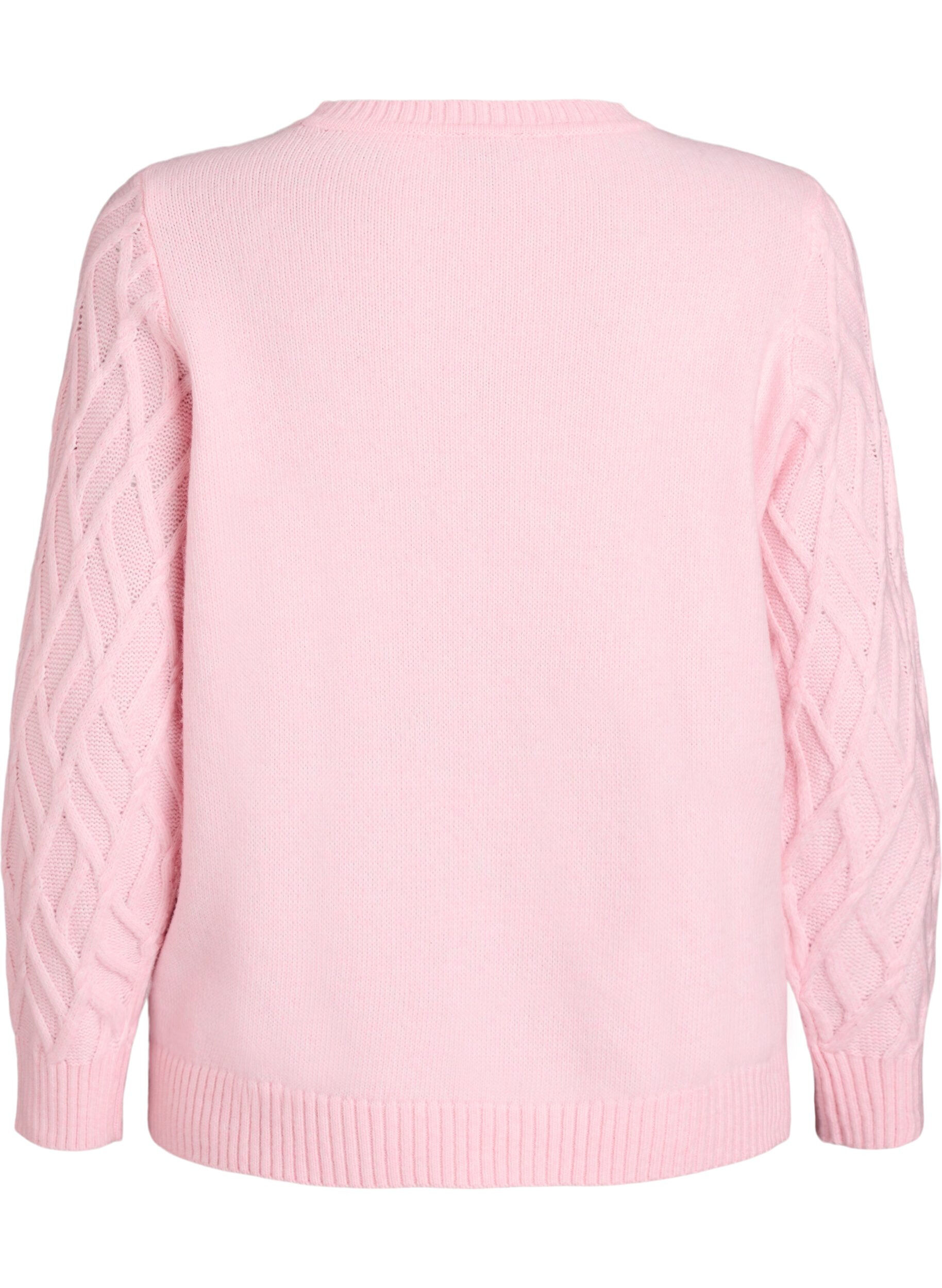 ZizziGebreide blouse met kabelpatroon en ronde hals, Roze, Packshot image number 1