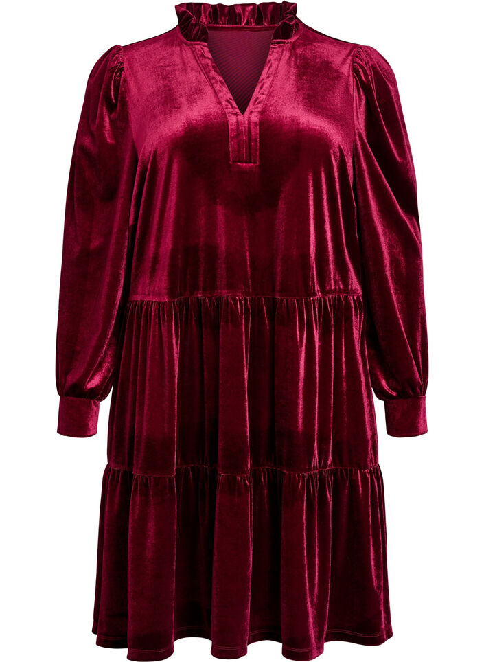Veloursjurk met lange mouwen en een ruchekraag, Rood, Packshot image number 0