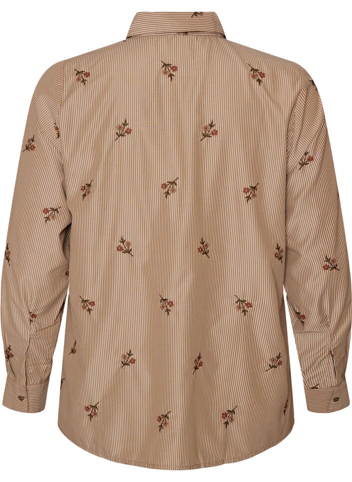 Gestreept shirt met geborduurde bloemen, Bruin, Packshot image number 1
