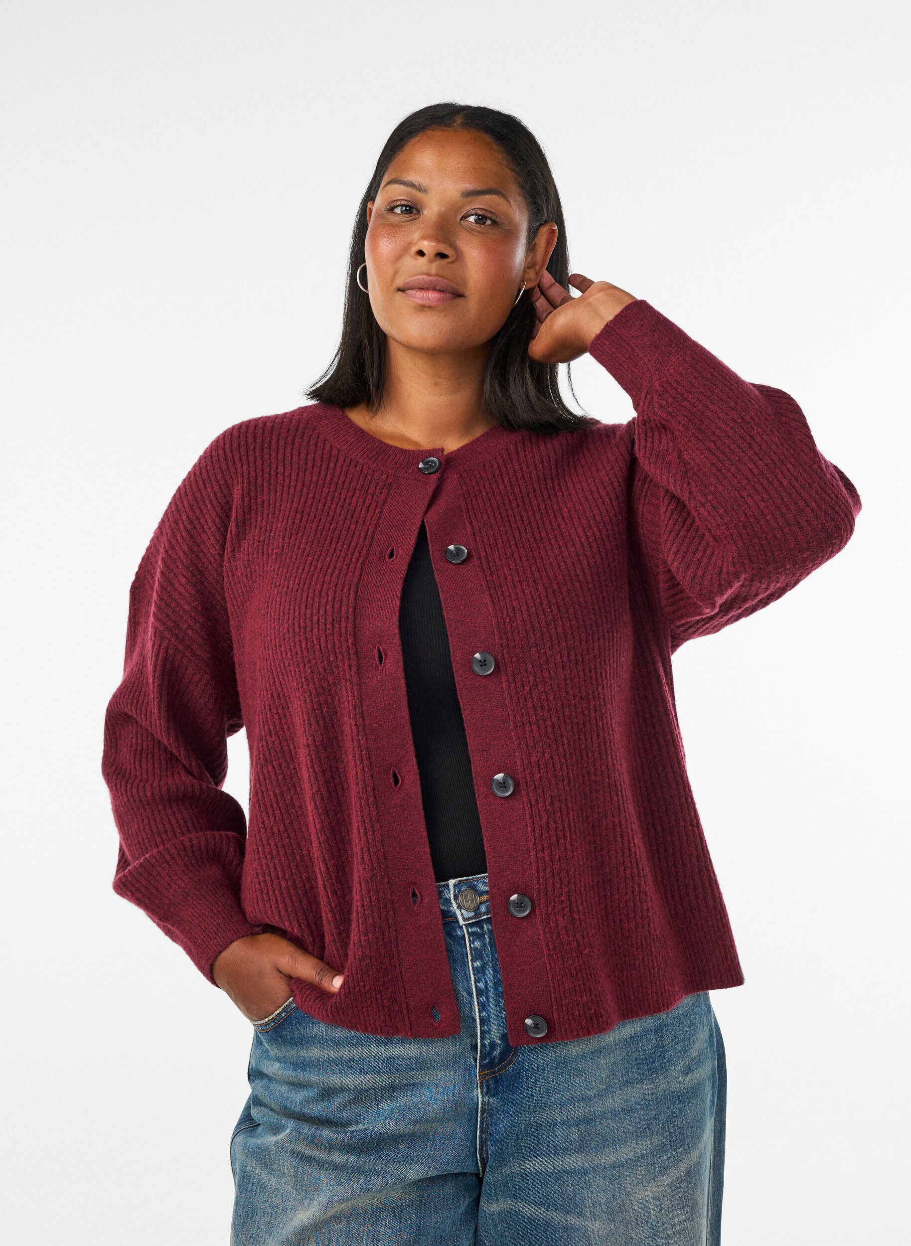 Vest van ribtricot met knopen, Rood, Model