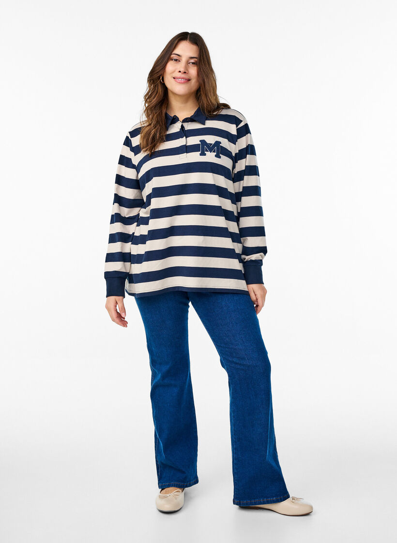 Gestreept poloshirt met badstof details, Birch w. Navy, Model