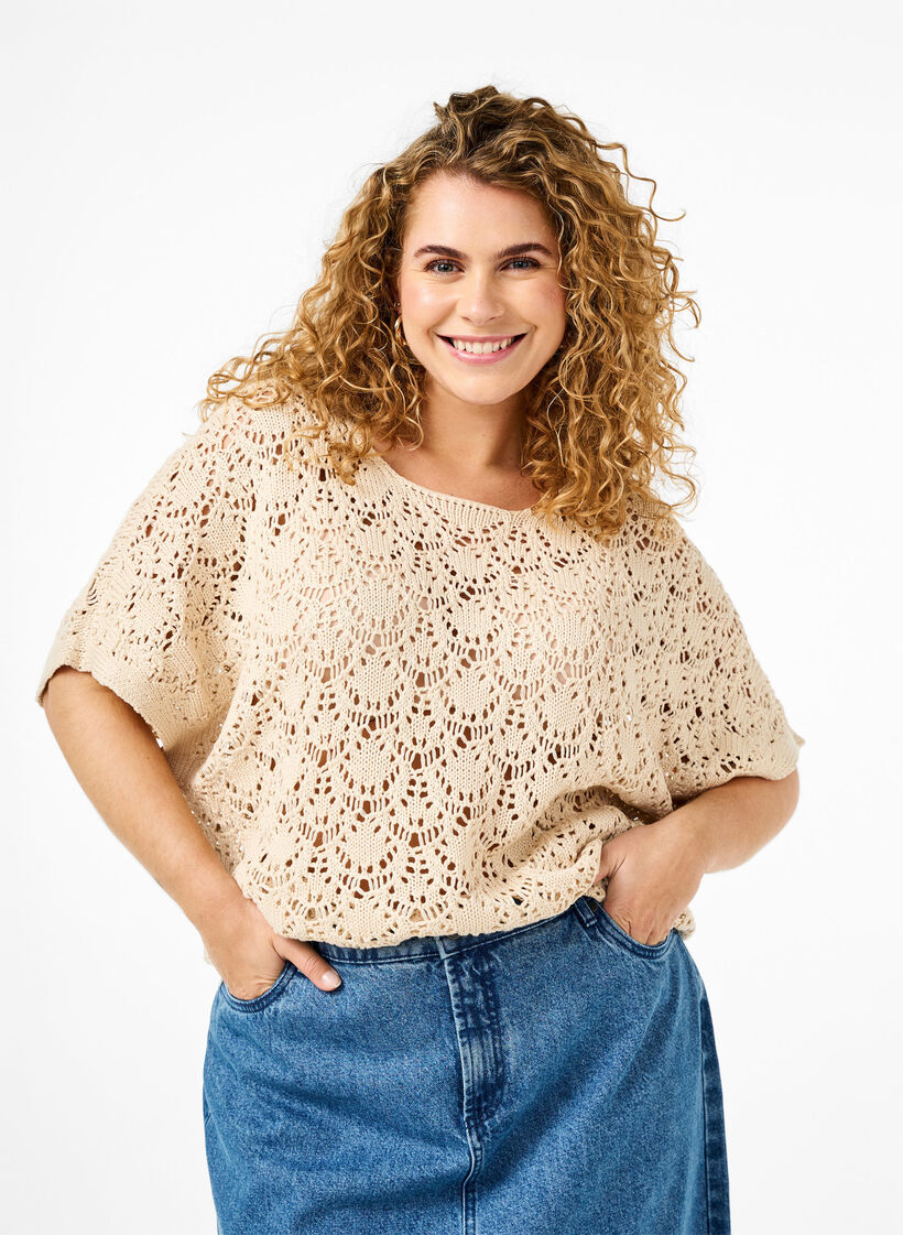 Gebreide blouse met korte vleermuismouwen, Sandshell Gebreide blouse met korte vleermuismouwen, Sandshell, Model