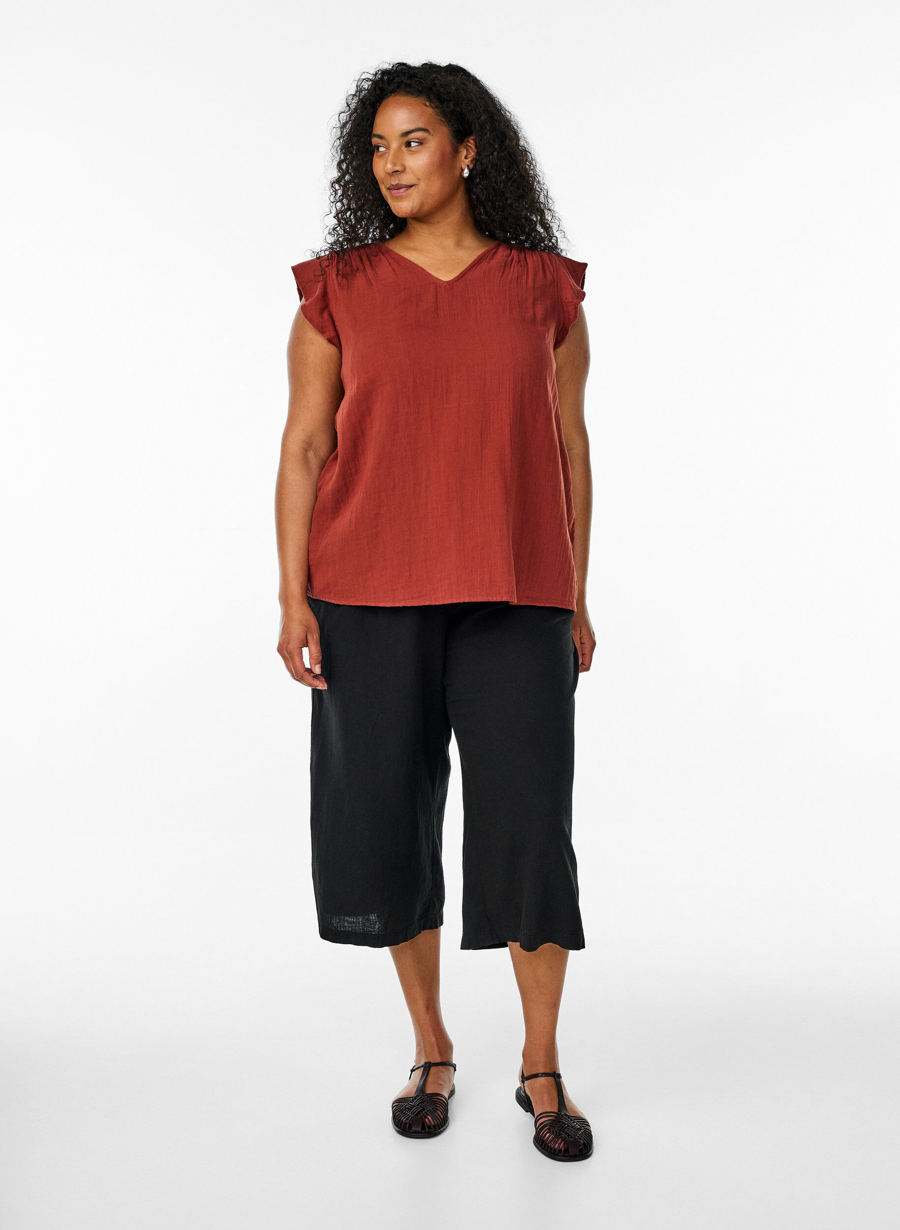 ZizziMouwloze top van katoenen mousseline met ruches, Rood, Model image number 1