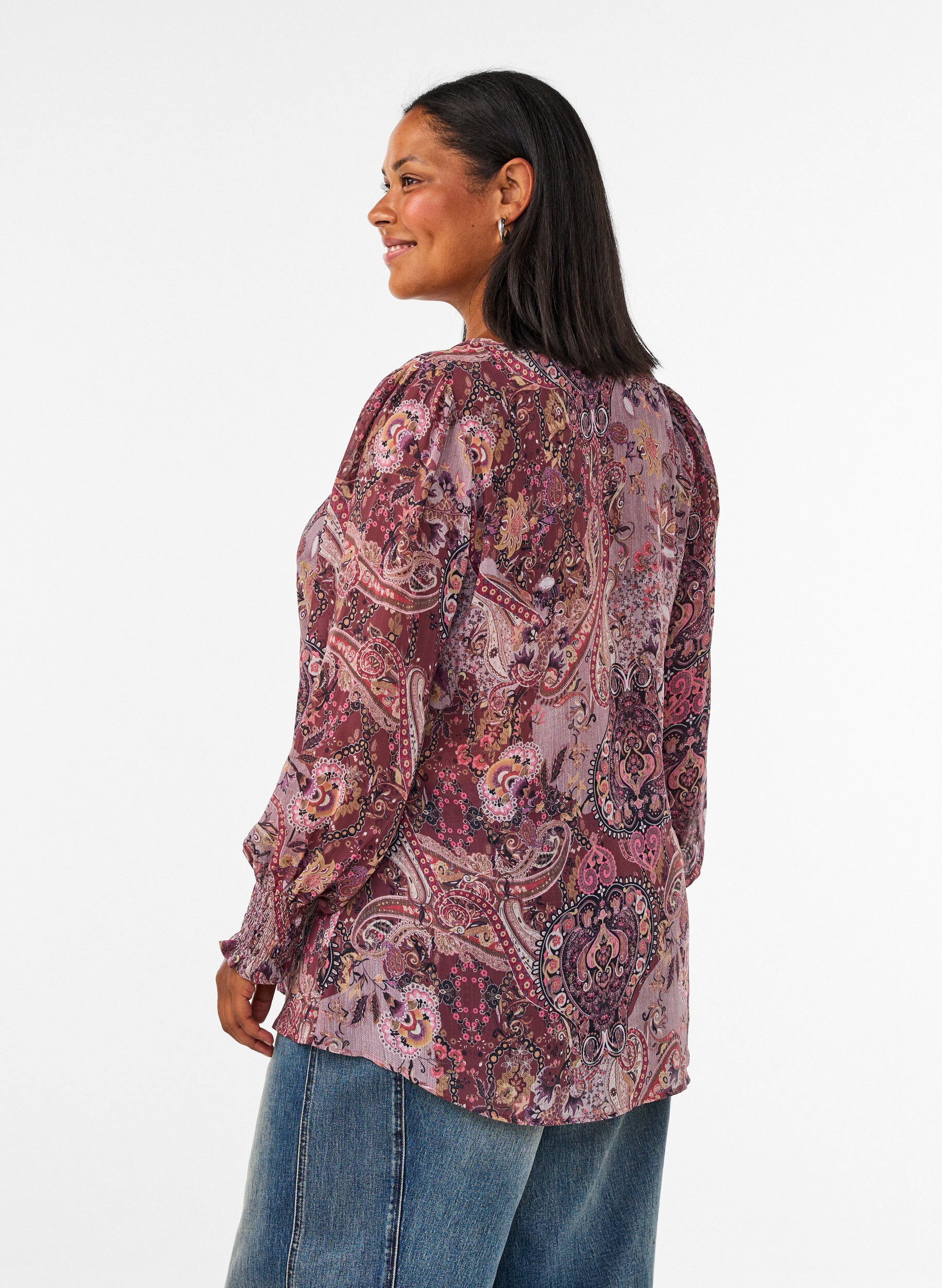ZizziTunic met paisleyprint en gesmokte manchetten, Roze, Model image number 2
