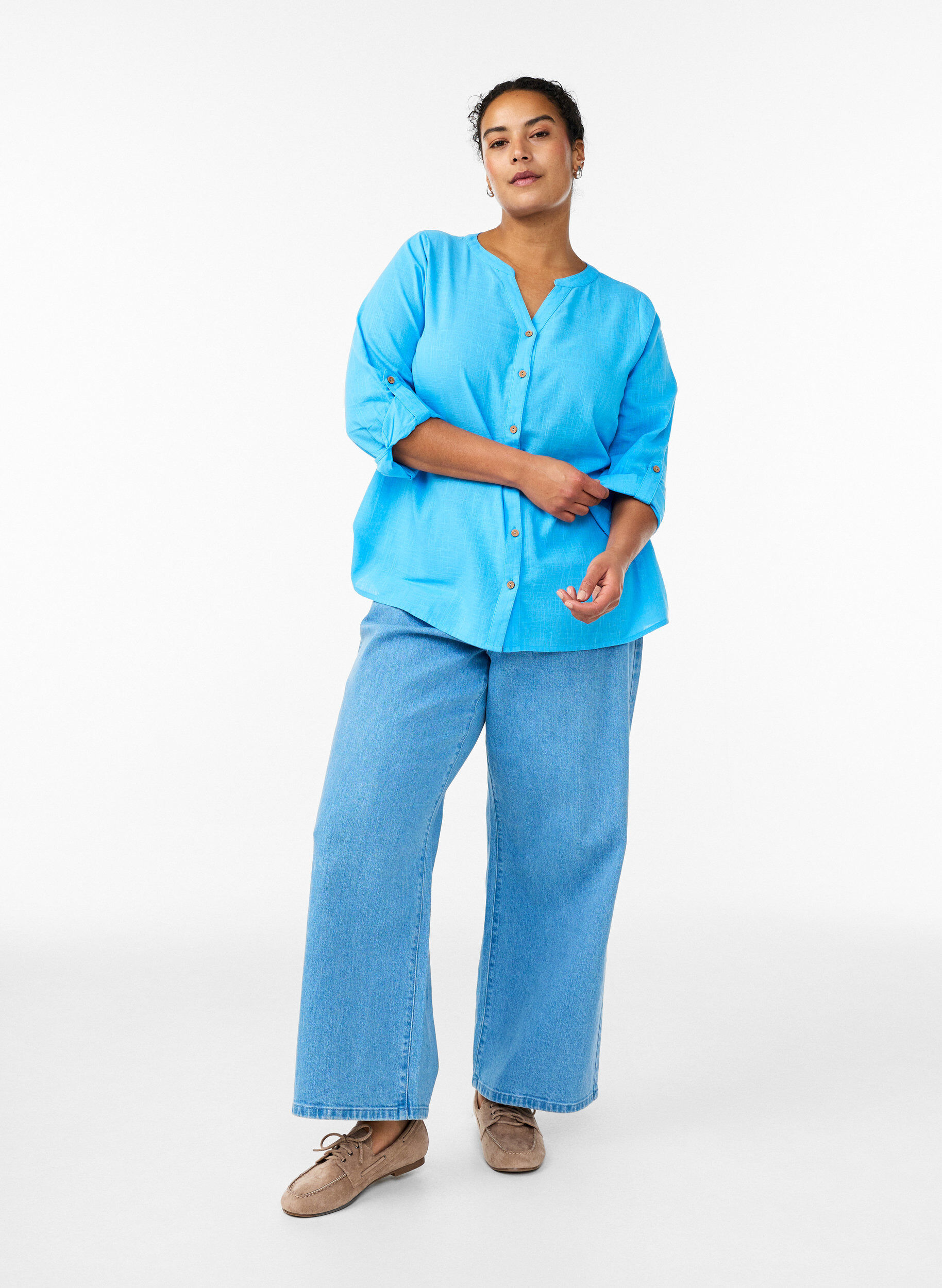 ZizziKatoenen blouse met V-hals, Blauw, Model image number 1