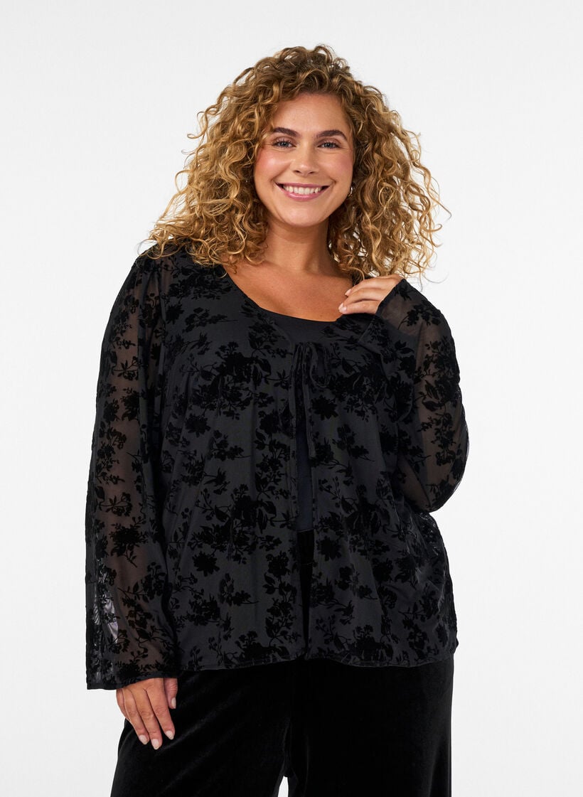 Mesh blouse met bloemenpatroon en open voorkant, Zwart, Model