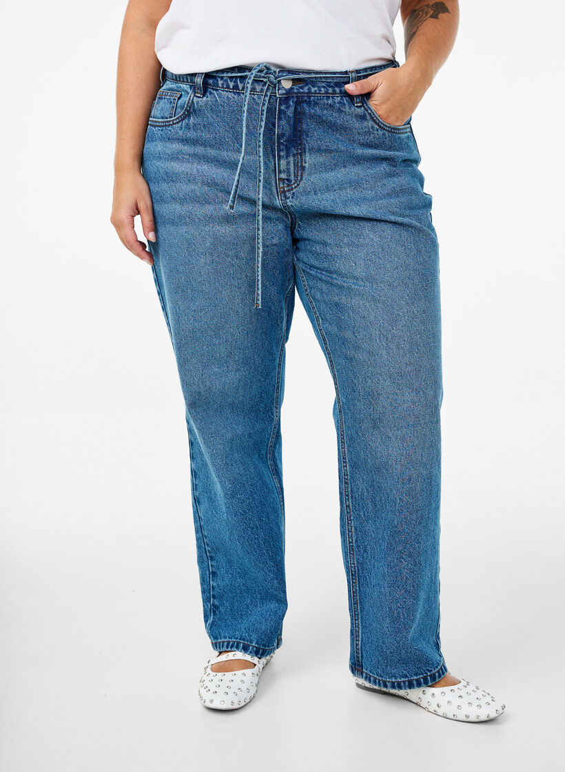 Straight-fit jeans met een strikceintuur, Blue Denim, Model