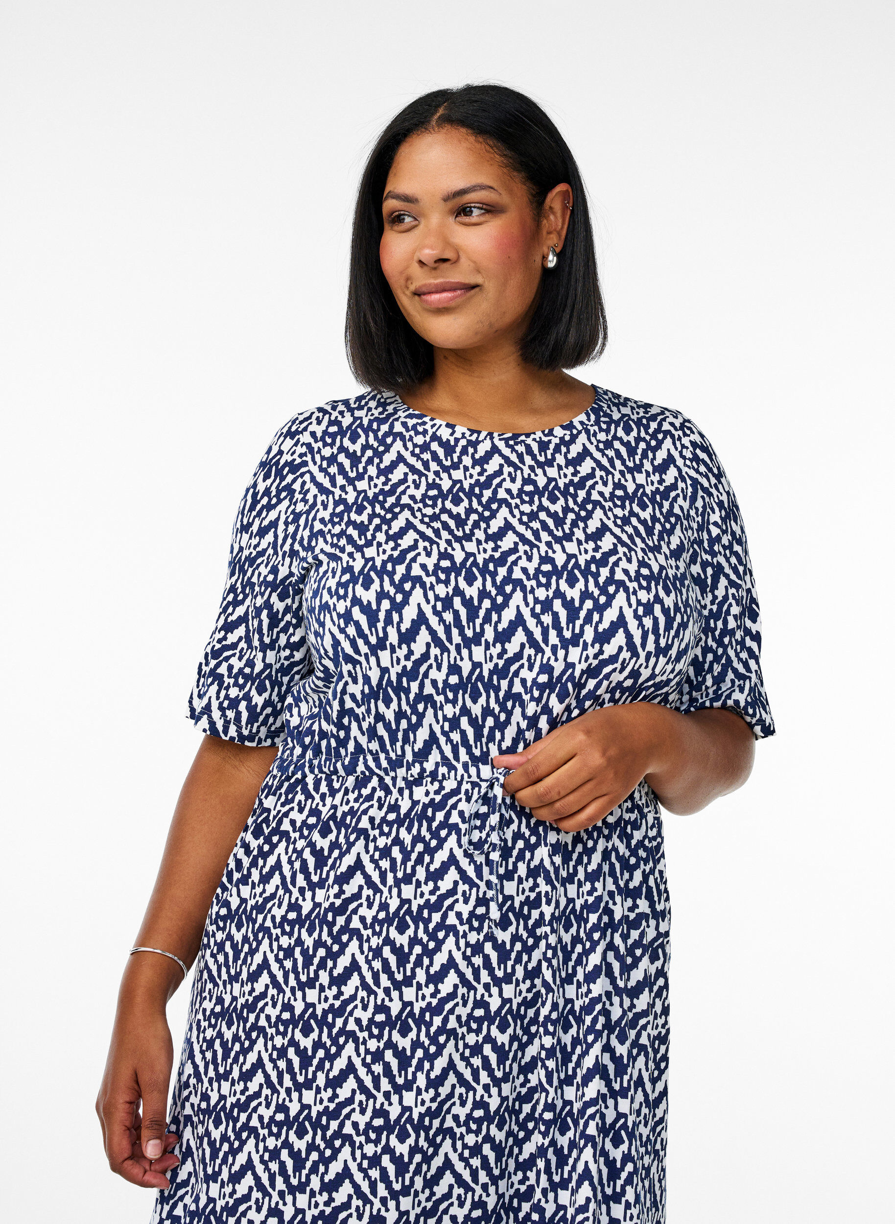 ZizziJersey midi jurk met strikriem in de taille, Blauw, Model image number 2