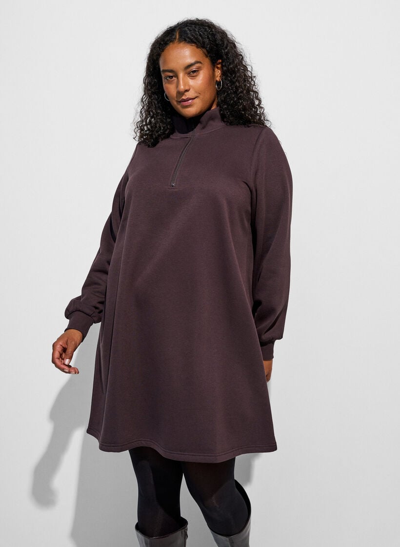 Sweatshirtjurk met hoge ribkraag en rits, Bruin, Model image number 0