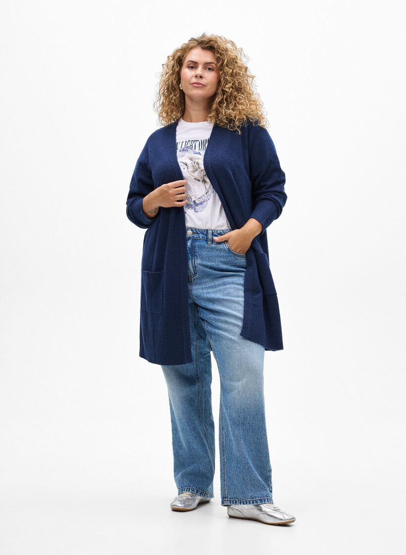 Geribd gebreid vest met zakken, Blauw, Model image number 1