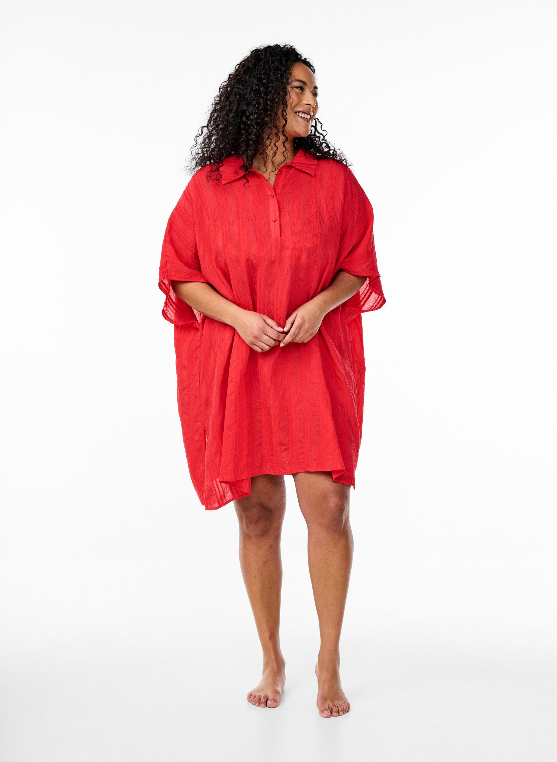 ZizziStrand kaftan met kraag en knoopsluiting, Rood, Model image number 1