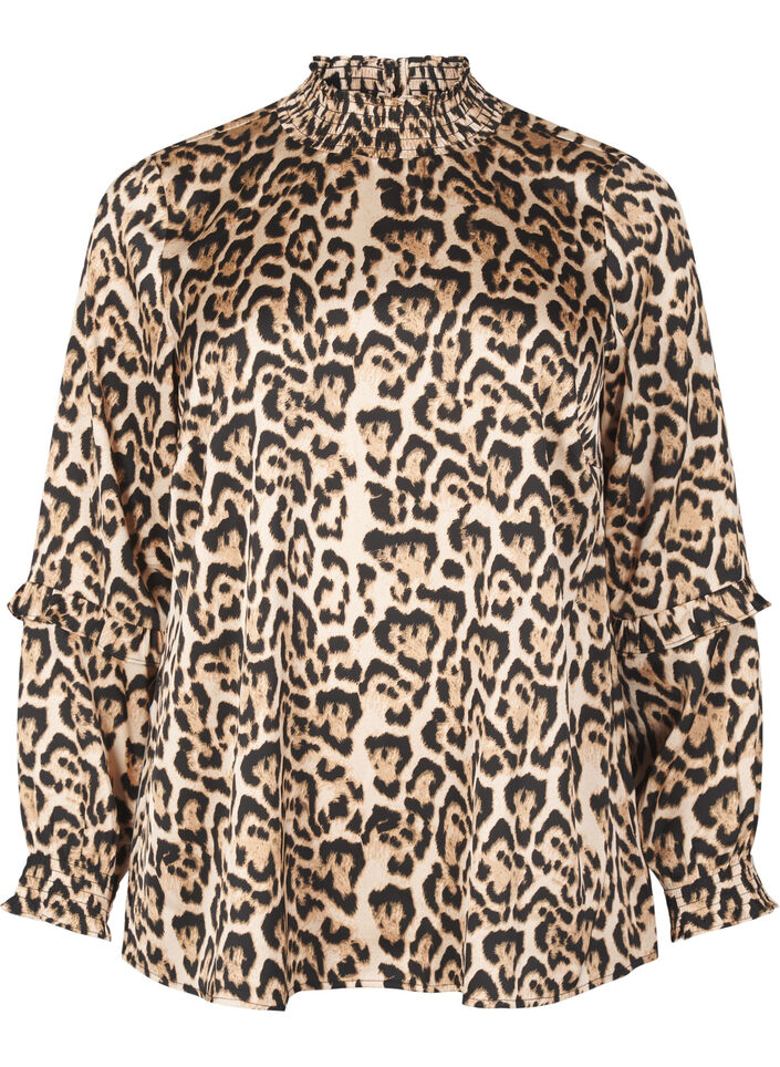 Gerimpelde blouse met luipaardprint, Bruin, Packshot image number 0