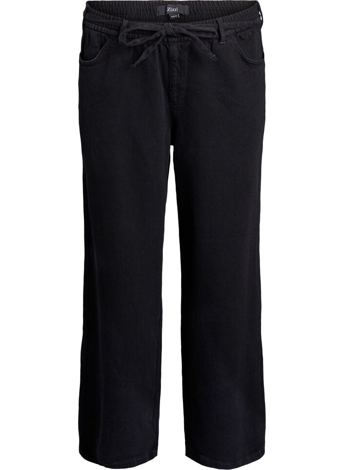 Losse pasvorm jeans met een elastische tailleband en een trekkoord, Black Wash, Packshot