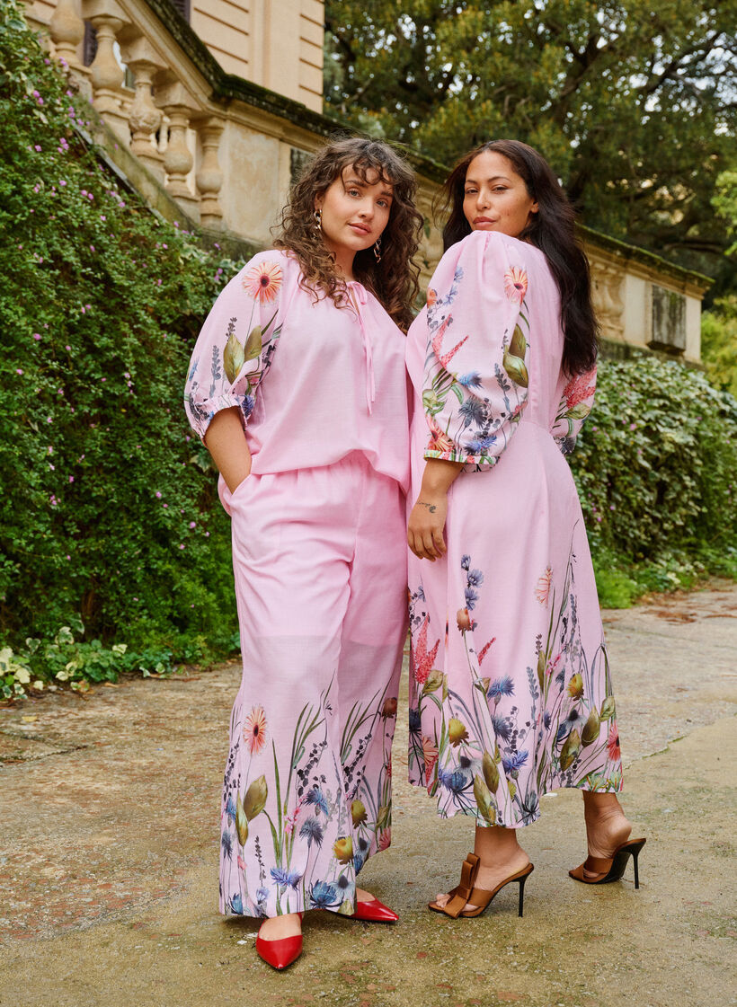 Broek met bloemenprint en wijde pijpen, Roze, Image