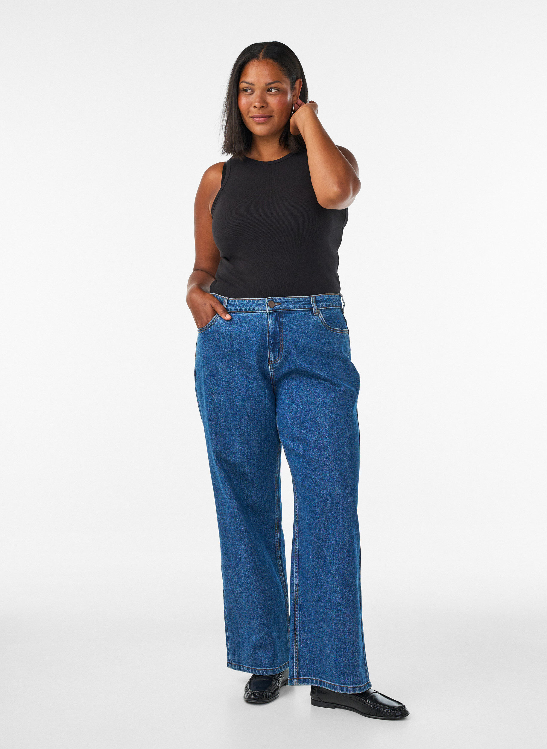 Jeans met wijde pijpen en hoge taille, Blauw, Model
