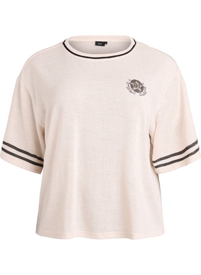 Blouse met korte mouwen met contrasterende strepen, Beige, Packshot image number 0