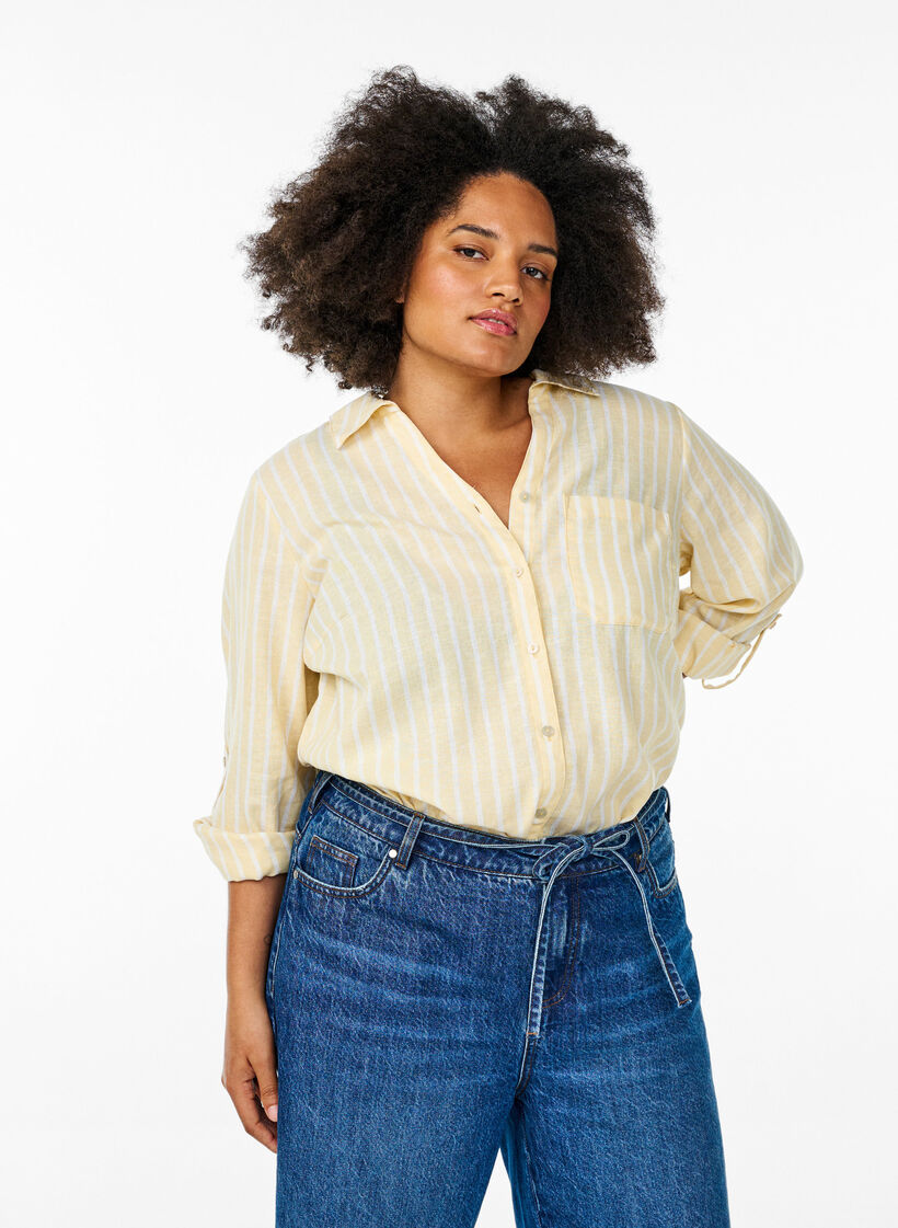 Linnen en viscose shirt met 3/4 mouwen, Beige, Model image number 0