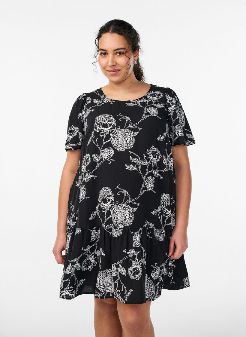 Viscose jurk met snijlijn, Zwart, Model image number 0