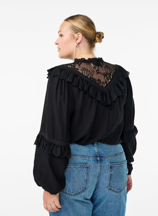 ZizziViscose blouse met kant en ruches, Black, Model image number 1