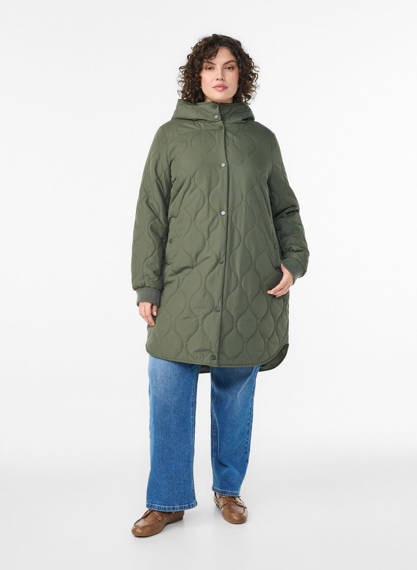 Halflange gewatteerde jas met capuchon, Groen, Model image number 1