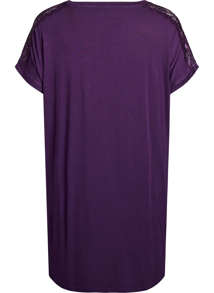 Viscose nachtjapon met kanten details, Paars, Packshot image number 1