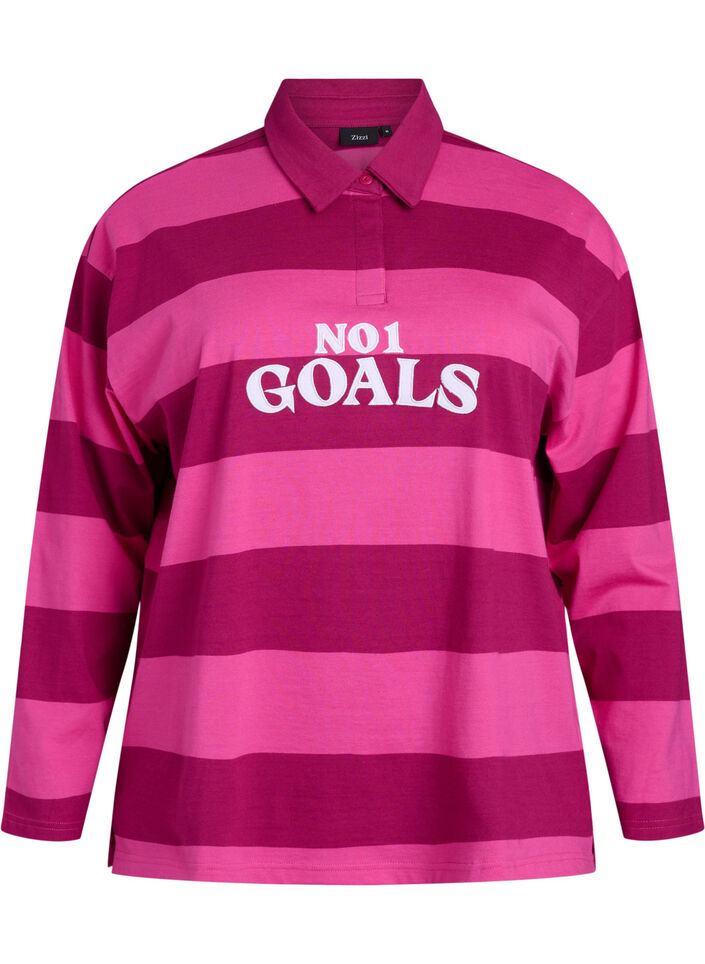 Gestreept poloshirt met geborduurde tekst, Roze, Packshot image number 0