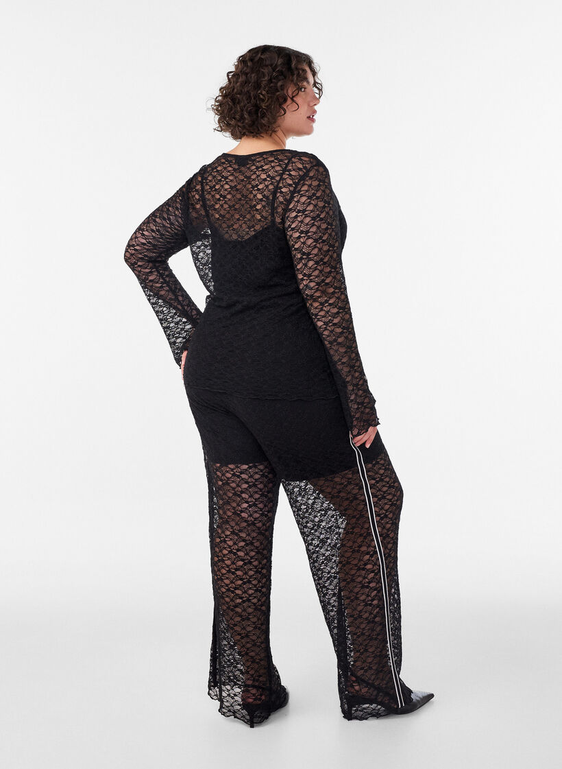 Transparante wijde kanten broek, Zwart, Model image number 1
