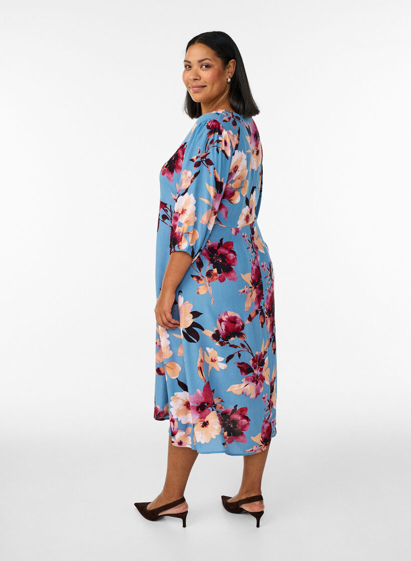 Midi-jurk met bloemenprint en 3/4 mouwen, Blauw, Model image number 2
