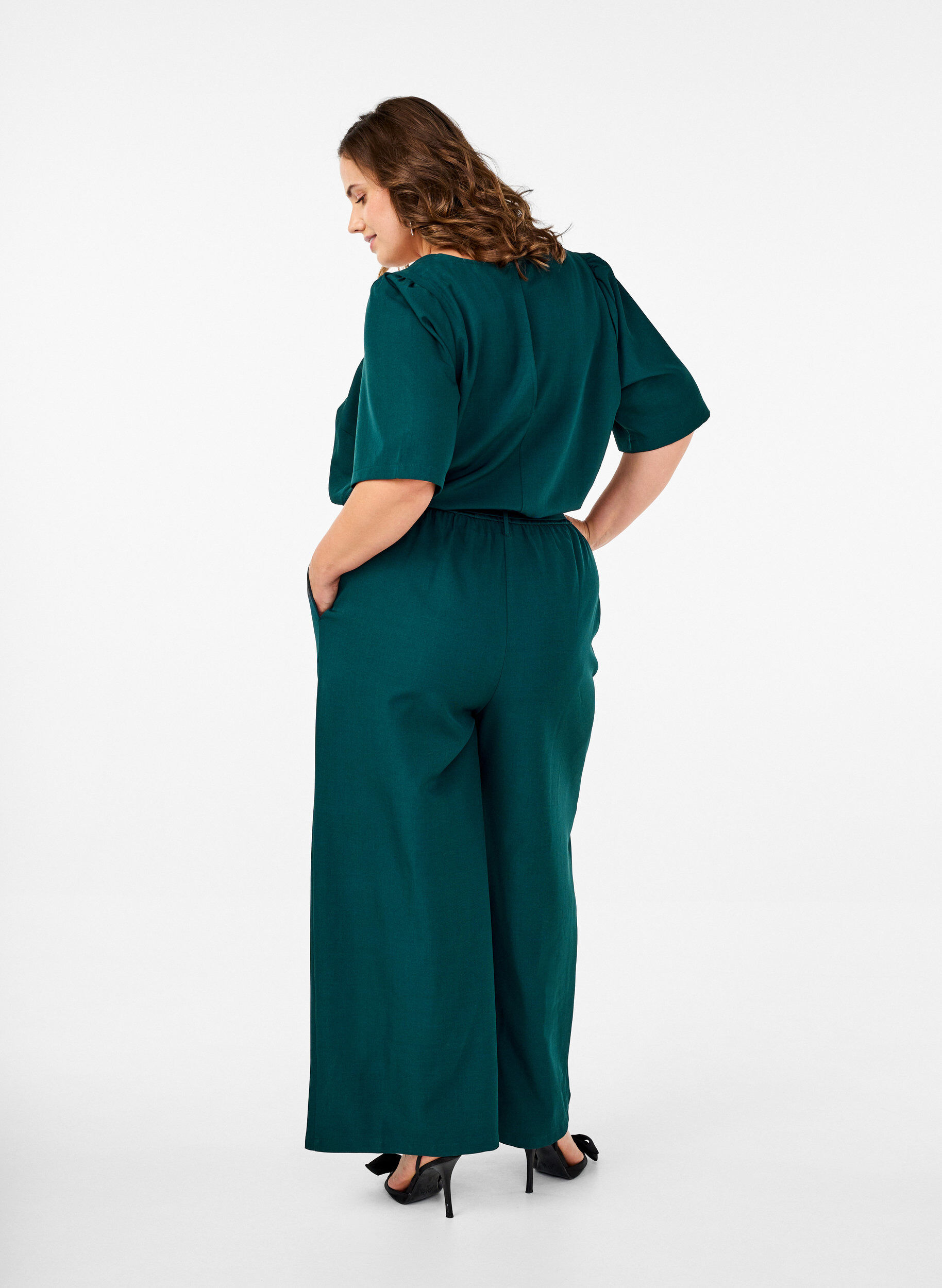 ZizziJumpsuit met riem en korte mouwen, Sea Moss Melange, Model image number 1