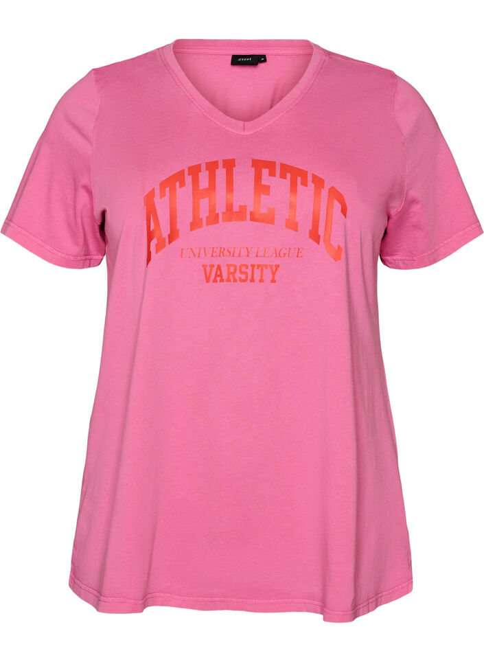 Biologisch katoenen T-shirt met varsity print en V-hals, Roze, Packshot image number 0