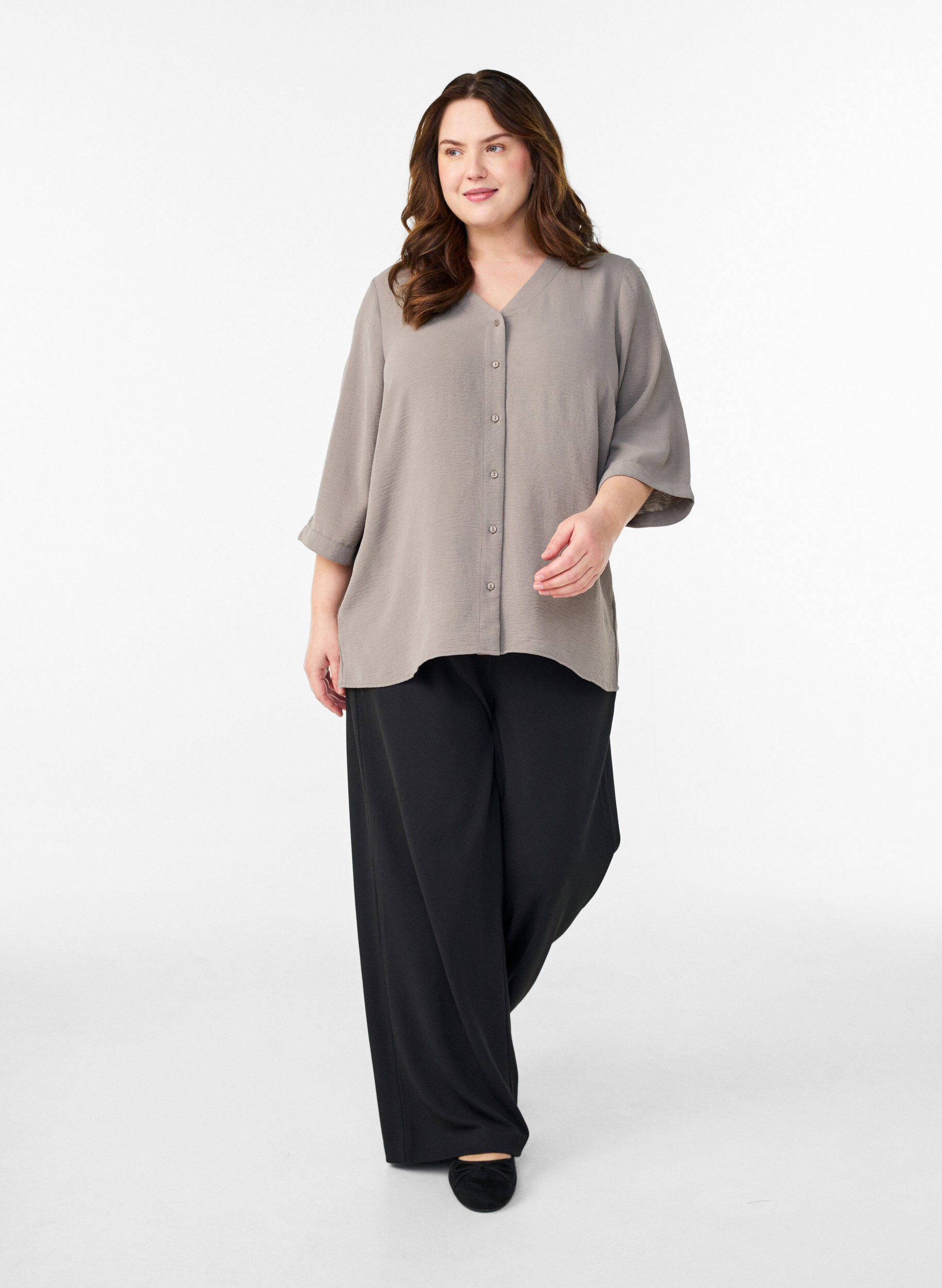 ZizziShirtblouse met V-hals en 3/4 mouwen, Beige, Model image number 1