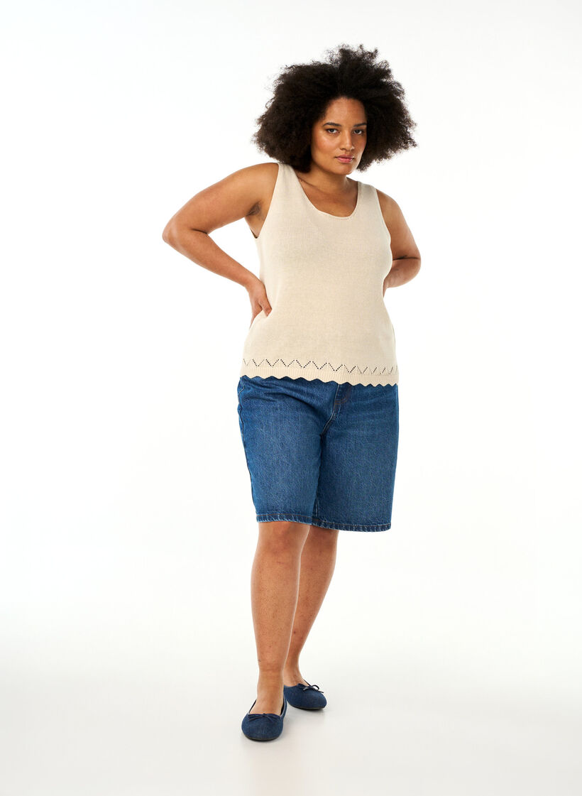 Mouwloze gebreide top met geschulpte rand, Sandshell, Model image number 2