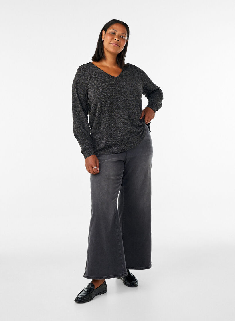 Jersey blouse met V-hals en lange mouwen, Zwart, Model image number 1
