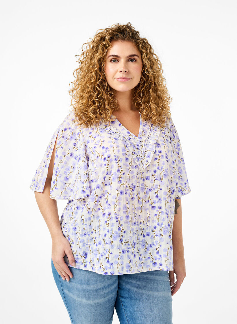 Blouse met V-hals, korte mouwen en bloemenprint, Wit, Model image number 0